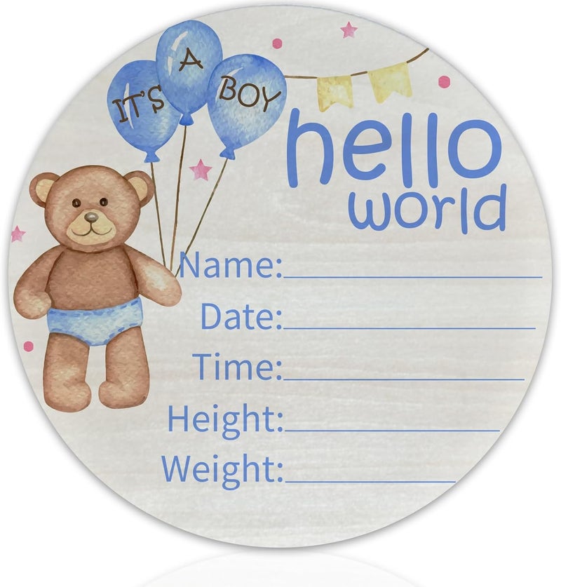 CLHHM Hello World Birth Announcement 6" Round Birch Wood Newborn Sign for Nursery Hospital & Baby Shower, Personalized Baby Name Plaque, Keepsake Décor Gift for New Parents (Blue Bear) - Image 1